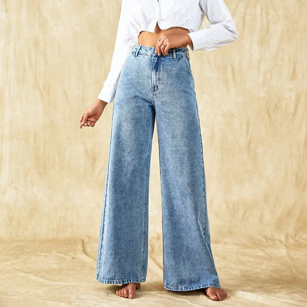 Light Wash Casual Womens Solid Wide Leg Jeans - Picture 1 of 5
